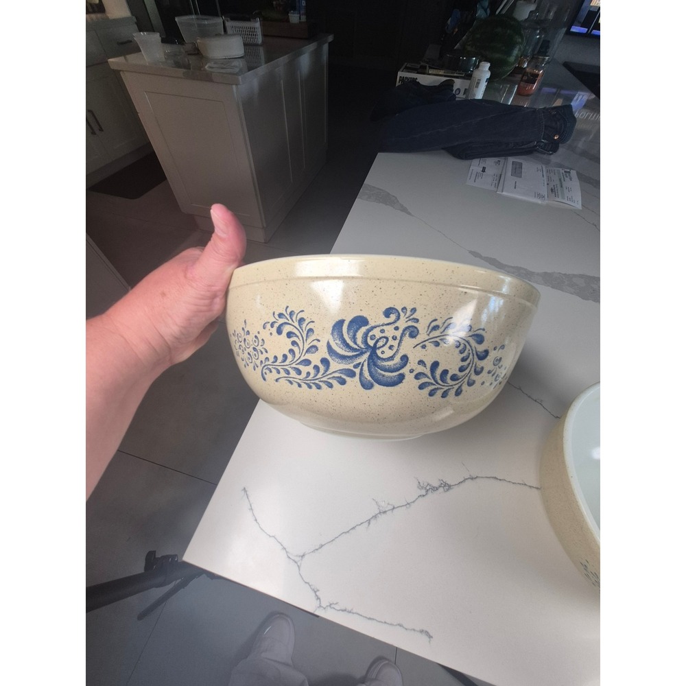 Vintage Pyrex Homestead Nesting Mixing Bowls Set of 4 Blue Floral Speckled Tan - Picture 4 of 9